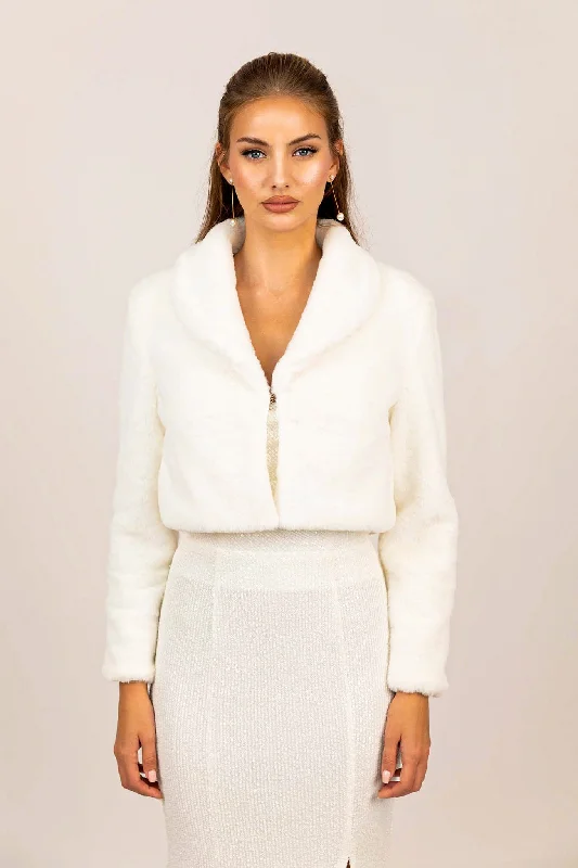 Julieta Faux Fur Collar Jacket - White Chenille Jacket Brocade Jacket Lace Jacket