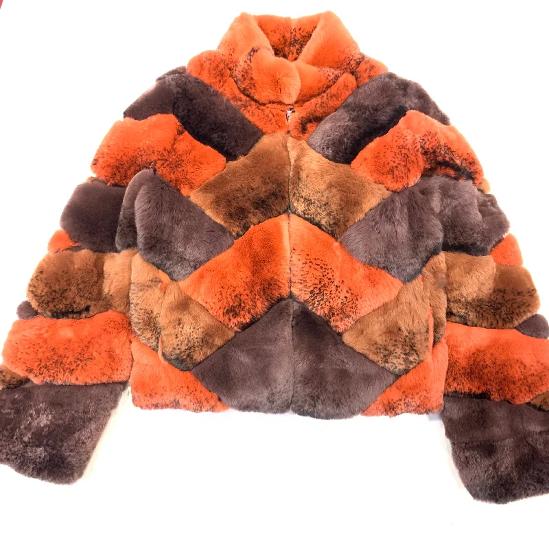Kashani Ladies Pumpkin Reversible Rex Rabbit Coat Houndstooth Jacket Shearling Jacket Fleece Jacket