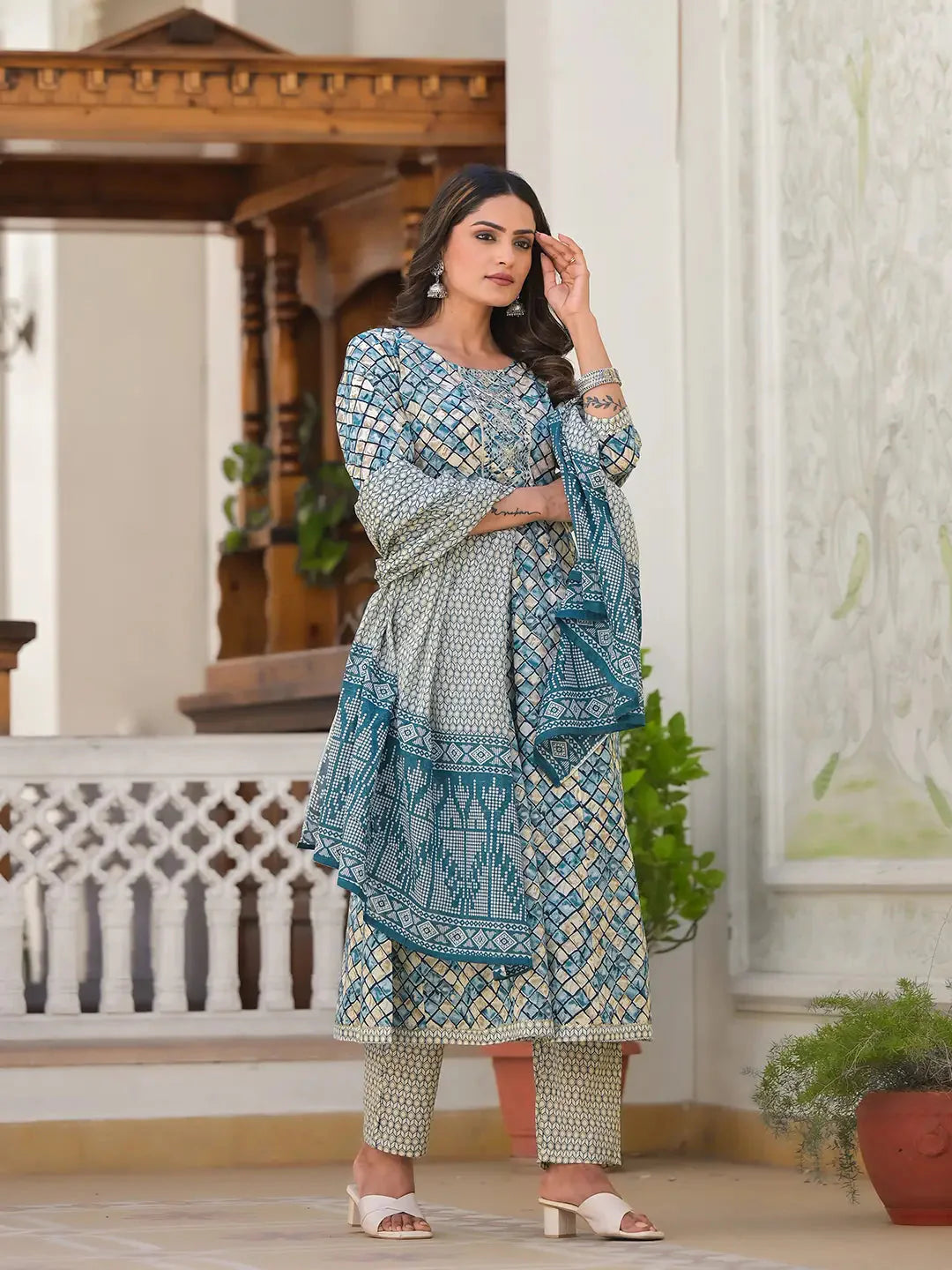 Yufta Blue Checkered Print Anarkali Kurta Trouser With Dupatta Set Trousers Palazzo Wide Leg