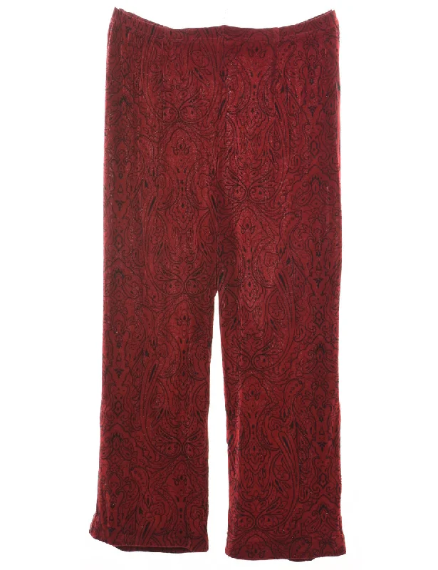 Red & Black Paisley Design Sparkly Trousers - W34 L25 Trousers Satin Smooth