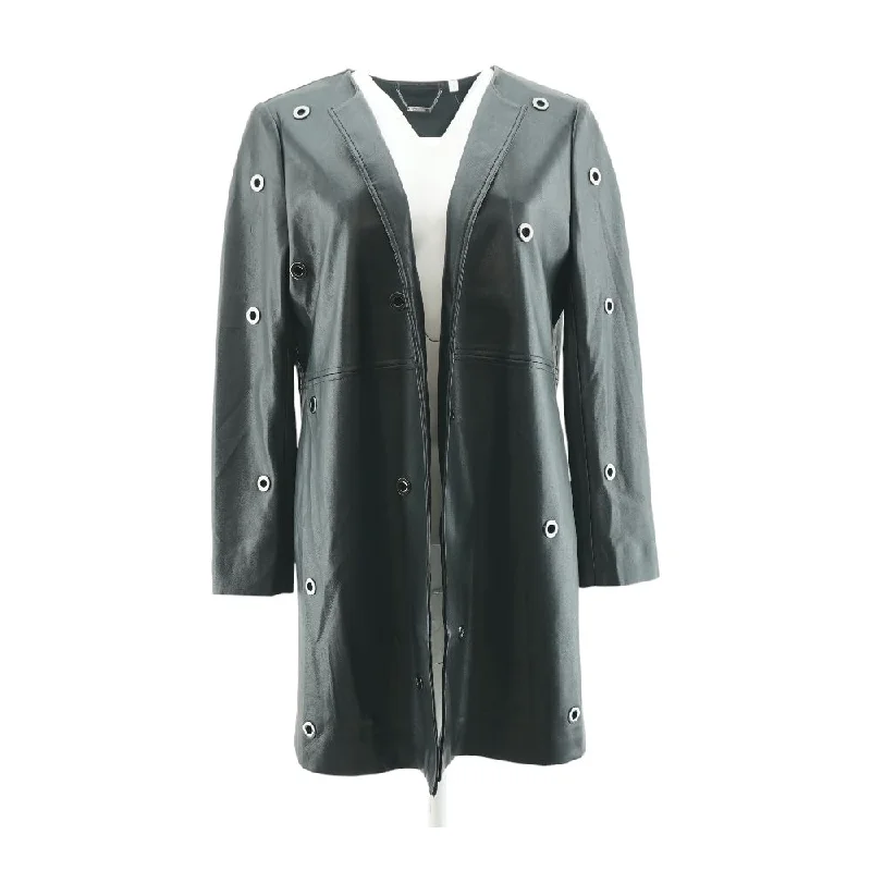 Black Solid Faux Leather Coat Knit Woven Fleece