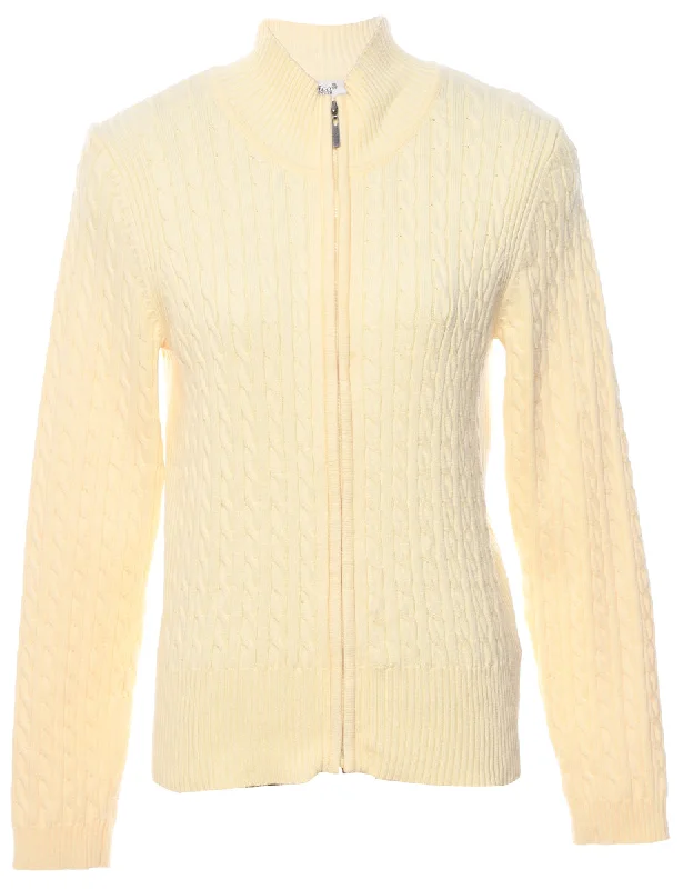 Pale Yellow Cable Knit Cardigan - M Transparent Opaque Sheer