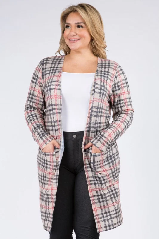 Plus Size Vintage Plaid Cardigan Herringbone Houndstooth Plaid