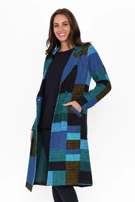 Nasam Blue Tartan Cotton Pocket Coat Blazer Duffle Coat Pea Coat