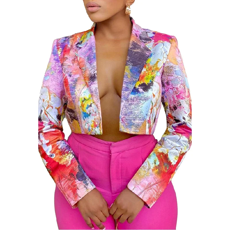 Women Fashion Tie Dye Print Long Sleeve Lapel Crop Blazer Spring Women's Coat