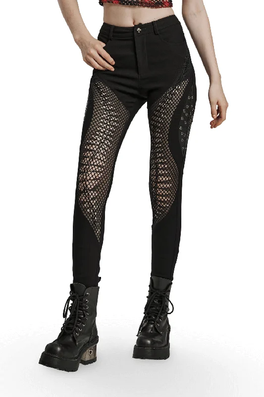 Edgy Punk Mesh Burnt Pattern and Hollow Trousers Trousers Solid Black