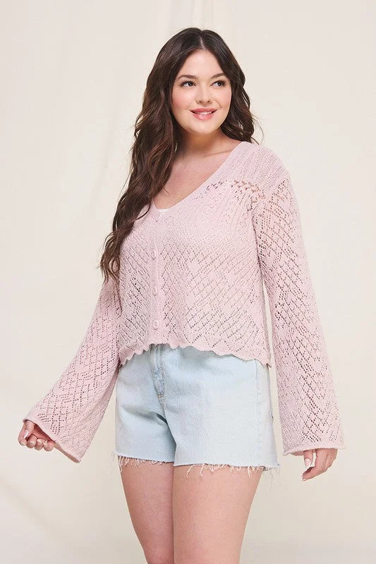 Scallop Hem Pointelle Cardigan (Plus) Solid Color Striped Floral Print