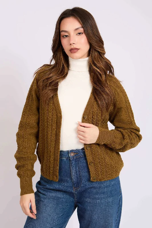 Women Regular Fit Cardigan - Brown Front Pockets Side Pockets Patch Pockets