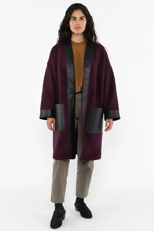 RWL100 - Wool Coat with Leather Trim Cardigan Sweater Pullover