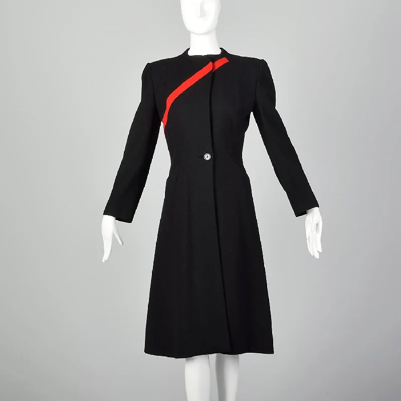 1940s Gilbert Adrian Black Wool Coat with Asymmetric Red Stripe Hooded Caped Scarf