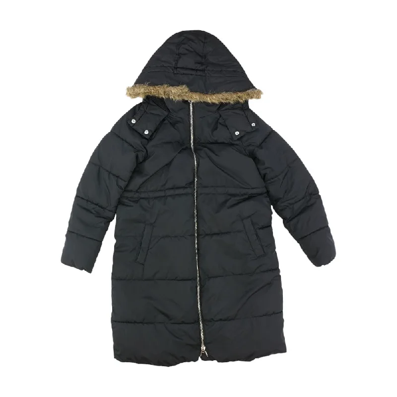 Black Solid Puffer Coat Trim Padded Insulated