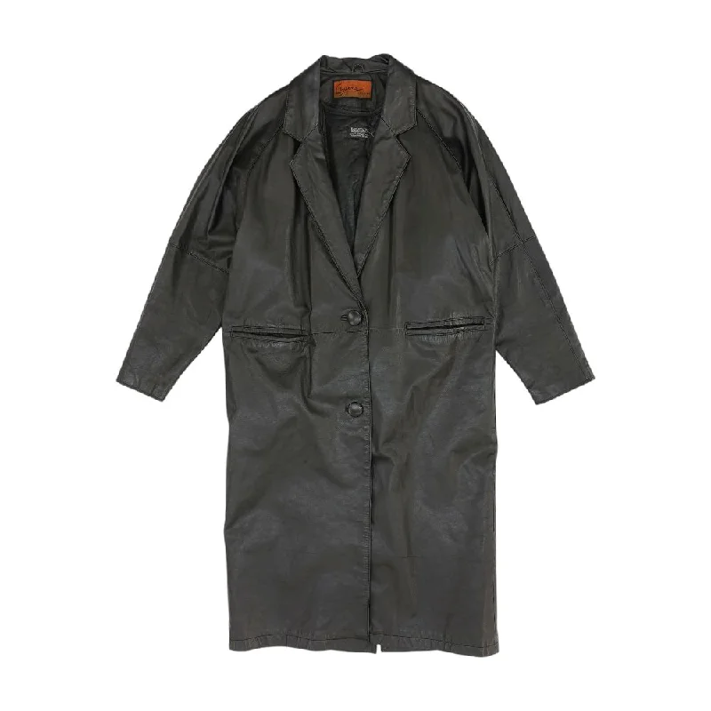 Black Solid Leather Coat empire Basque Peplum