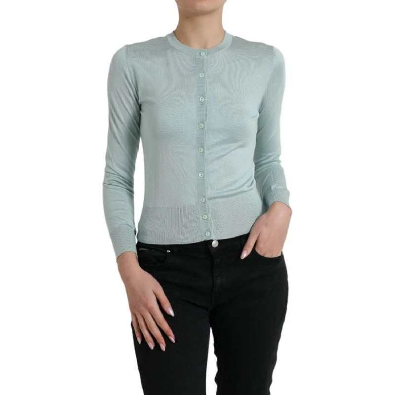 Dolce & Gabbana Elegant Light Blue Silk Cardigan Ribbed Striped Patterned