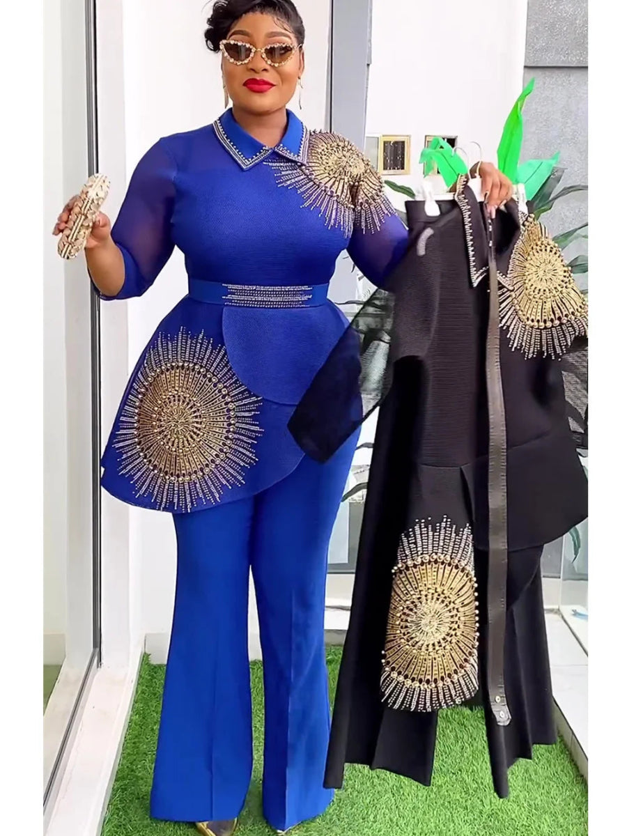 2PC African Dashiki Summer Outfit – Stylish Top & Trousers, Plus Size Party Wear for Ladies Trousers Party Sparkling