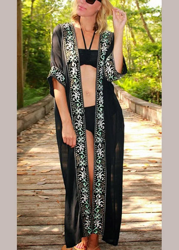 Bohemian Black V Neck Print Chiffon Long Beach Cardigans Summer Mesh Fabric Canvas Fabric Denim Fabric Bohemian Black V Neck Print Chiffon Long Beach Cardigans Summer Mesh Fabric Canvas Fabric Denim Fabric