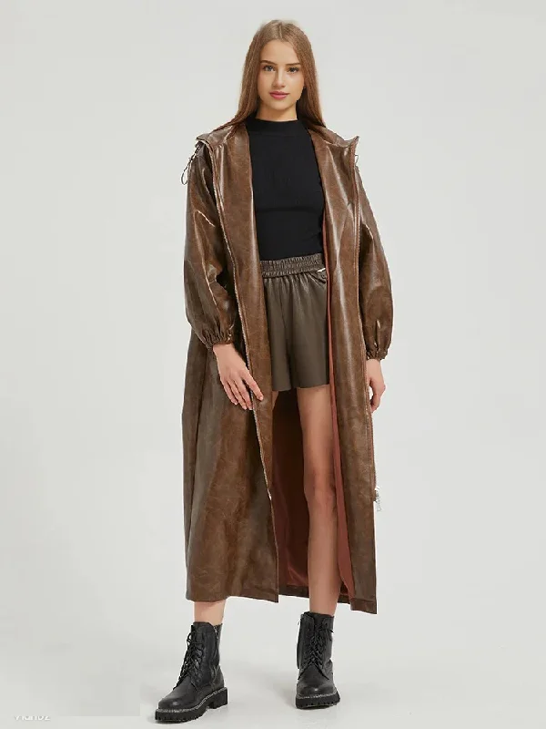 City Commuter PU Leather Midi Trench Coat Rain Coats Peter Pan Collar Cowl Neck Turtleneck City Commuter PU Leather Midi Trench Coat Rain Coats Peter Pan Collar Cowl Neck Turtleneck