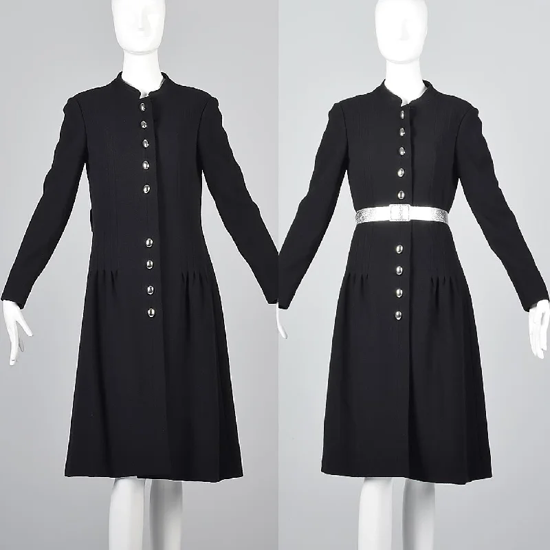 1960s Via Veneto Black Wool Coat with Silver Buttons Tie-Waist Belted Drawstring