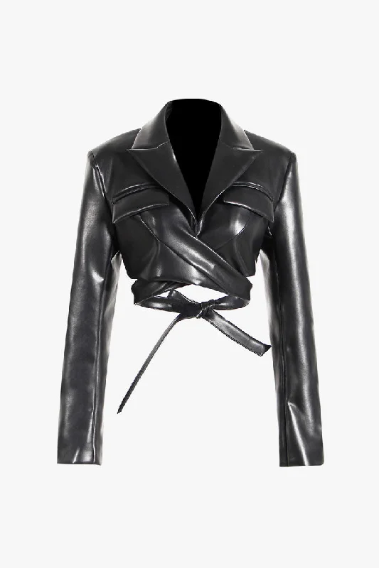 Moto Lapel Strong Shoulder Long Sleeve Wrap Faux Leather Biker Jacket Tailored Jacket Straight Jacket A-Line Jacket Moto Lapel Strong Shoulder Long Sleeve Wrap Faux Leather Biker Jacket Tailored Jacket Straight Jacket A-Line Jacket