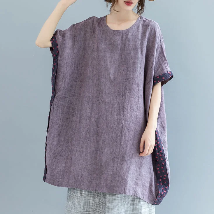 Fine purple pure linen tops Loose fitting casual cardigans boutique batwing sleeve O neck patchwork cotton clothing Faux Fur Fabric Real Fur Fabric Shearling Fabric
