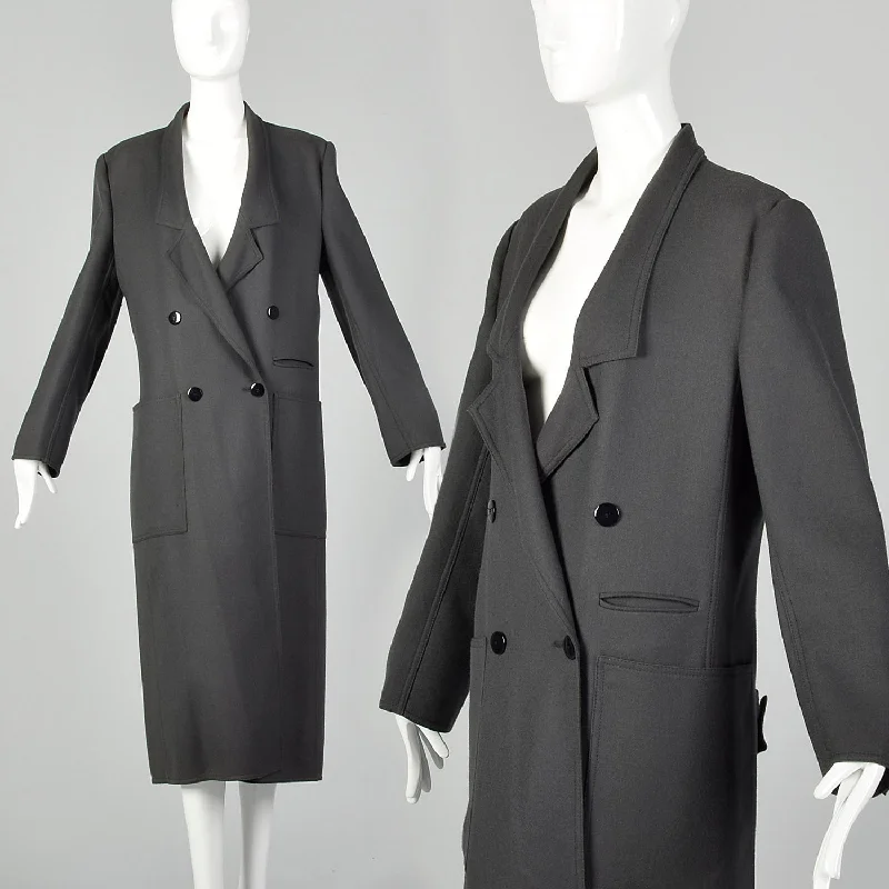 Medium Louis Feraud 1980s Double Breasted Gray Coat Buttoned Zippered Snapped