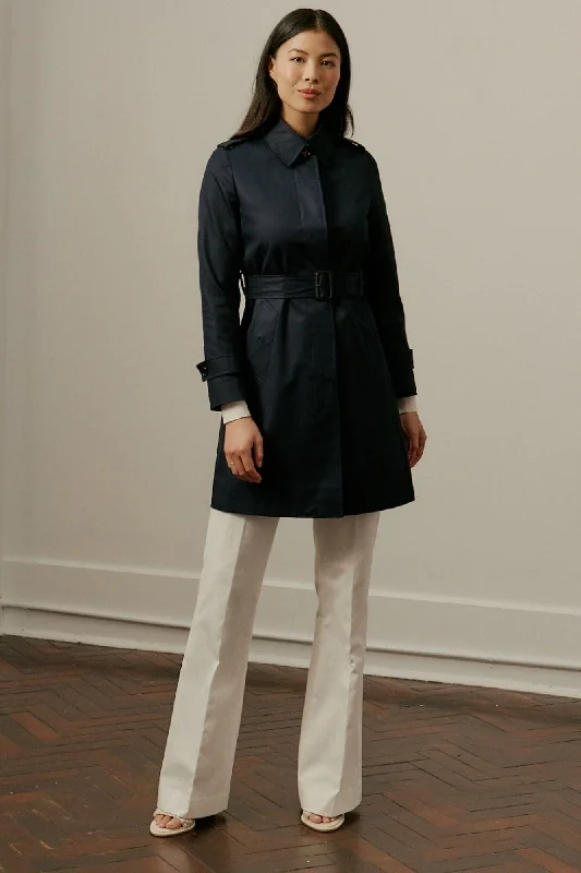 Penny Car Coat - Navy Cotton Gabardine Pleated Ruffled tiered