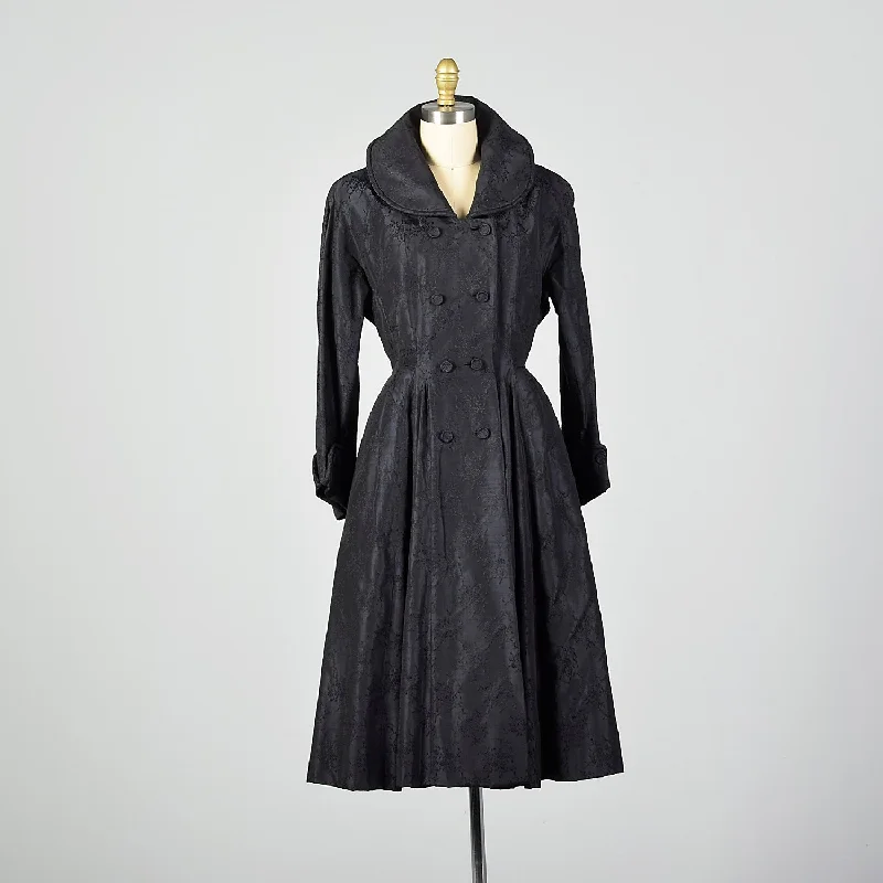XS 1950s Via Veneto Couture Boutique Black Silk Princess Coat Made In Italy Chenille Brocade Lace