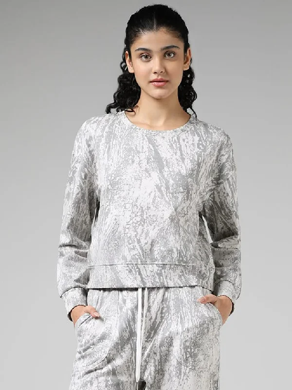 Studiofit Grey Printed Cotton Sweatshirt Hoodie with Snap Buttons Easy Quick