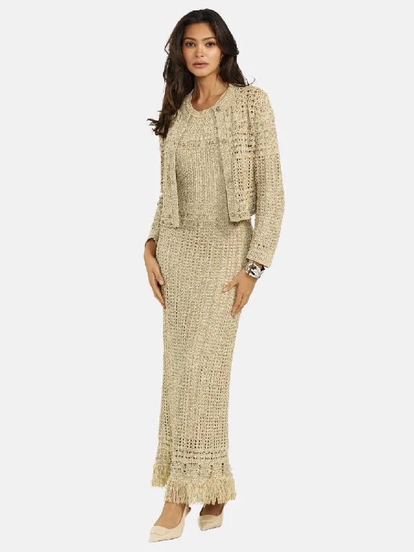 Shimmer Knit Dress & Cardigan in Gold Hue Beaded Cardigan Sequined Faux Fur