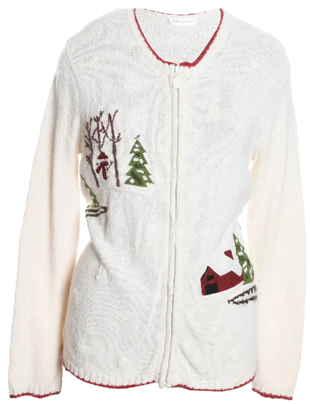 Festive Print Christmas Cardigan - M Elasticated Padded Insulated