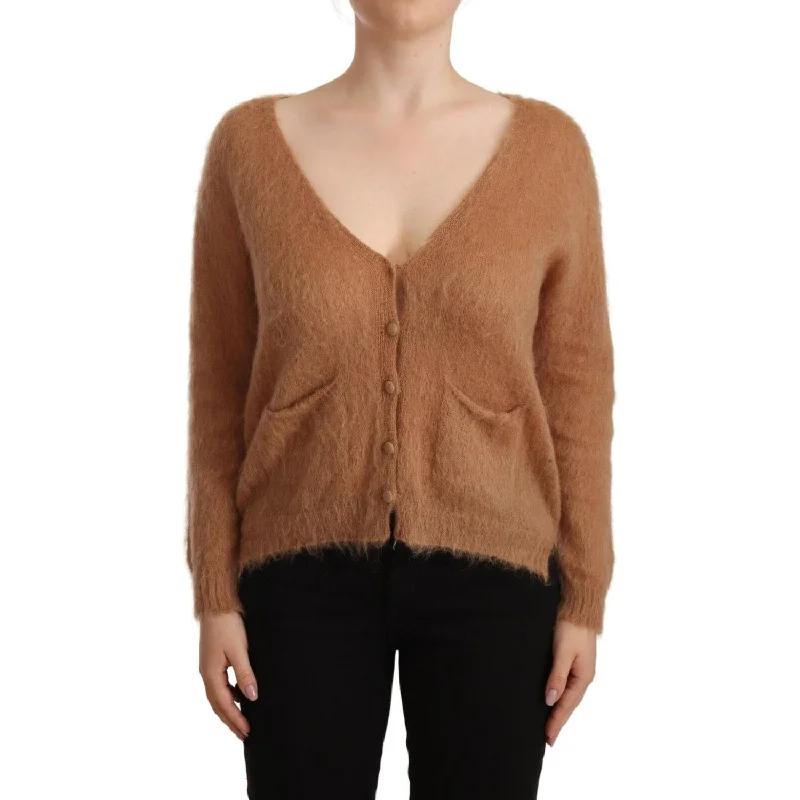 PINK MEMORIES Chic Brown Knit Cardigan with Front Button Closure Sequined Glittery Shiny PINK MEMORIES Chic Brown Knit Cardigan with Front Button Closure Sequined Glittery Shiny