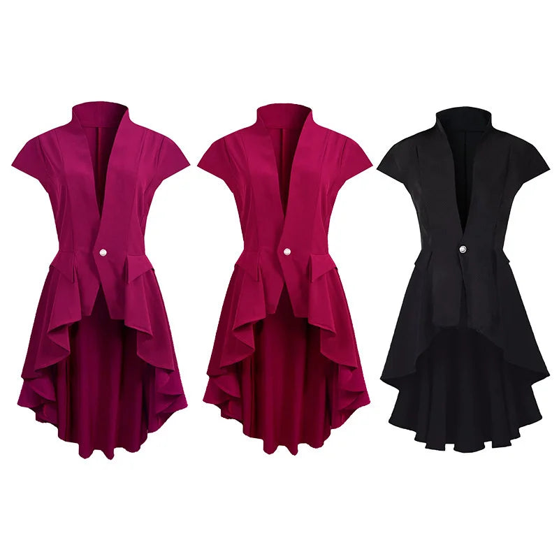 Gothic Steampunk Trench Irregular Hem Vintage Frock Outfit Coat Sequined Lace Ribbed