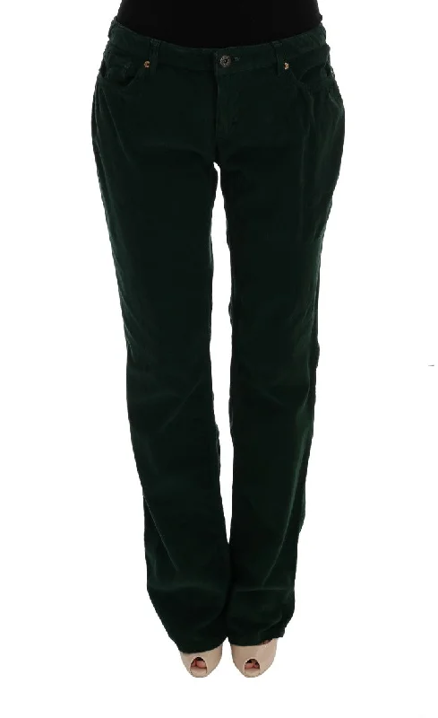 Elegant Green Cotton Blend Trousers Trousers Yoga Stretchy