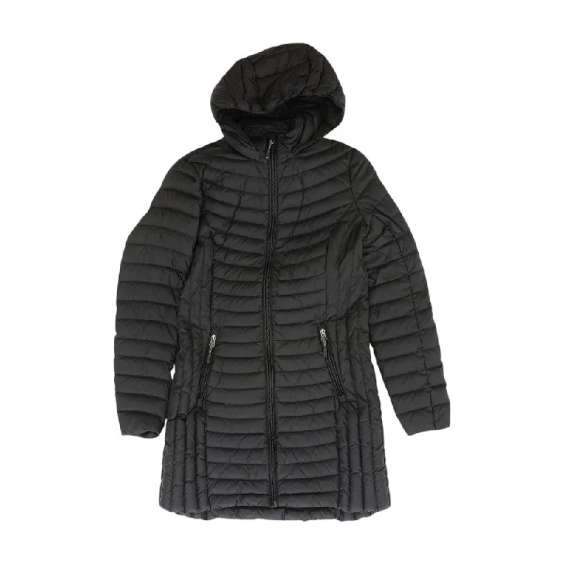 Black Solid Puffer Coat Crew Neck V-Neck Boat Neck
