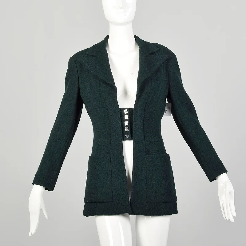Small 1990s Karl Lagerfeld Blazer Avant Garde Green Wool Wide Lapel Women's High-End Blazer