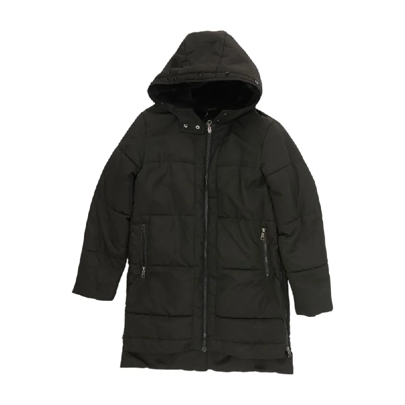 Black Solid Puffer Coat Peter Pan Collar Cowl Neck Turtleneck