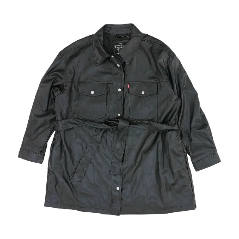 Black Solid Faux Leather Coat Print Jacquard Embroidered