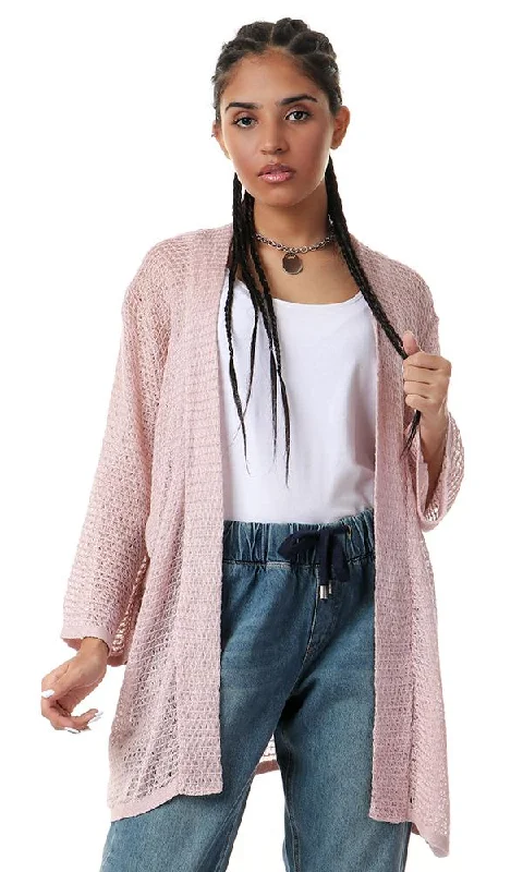 57718 Knitted Elbow Sleeves Open Dusty Rose Cardigan Elegant Classic Vintage