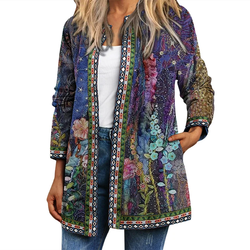 Women's Printed Long-sleeved Coat Cardigan Herringbone Houndstooth Plaid