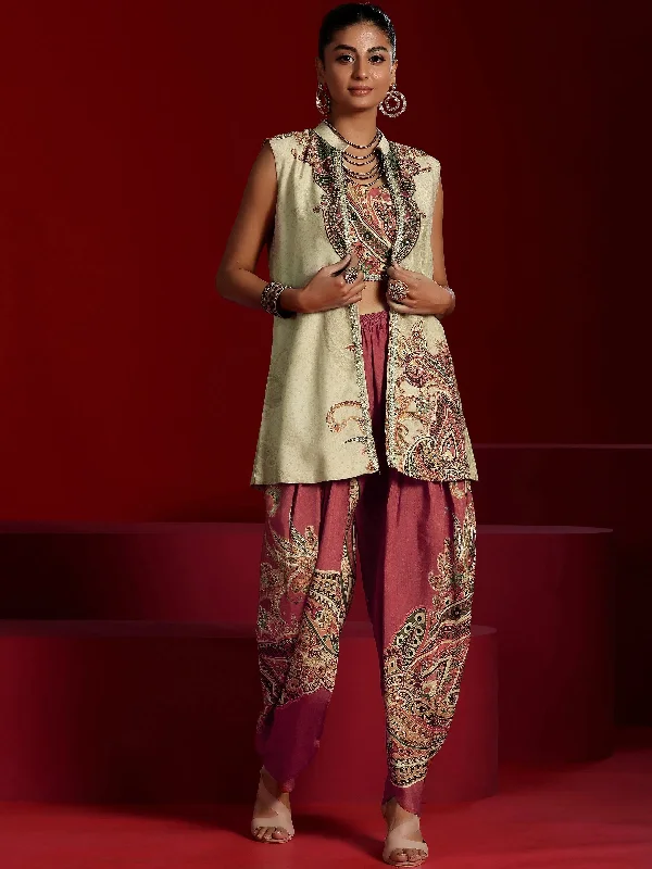 Libas Art Brown Printed Silk Blend Co-Ords With Jacket One-Shoulder Jacket Off-the-Shoulder Jacket Asymmetrical Jacket
