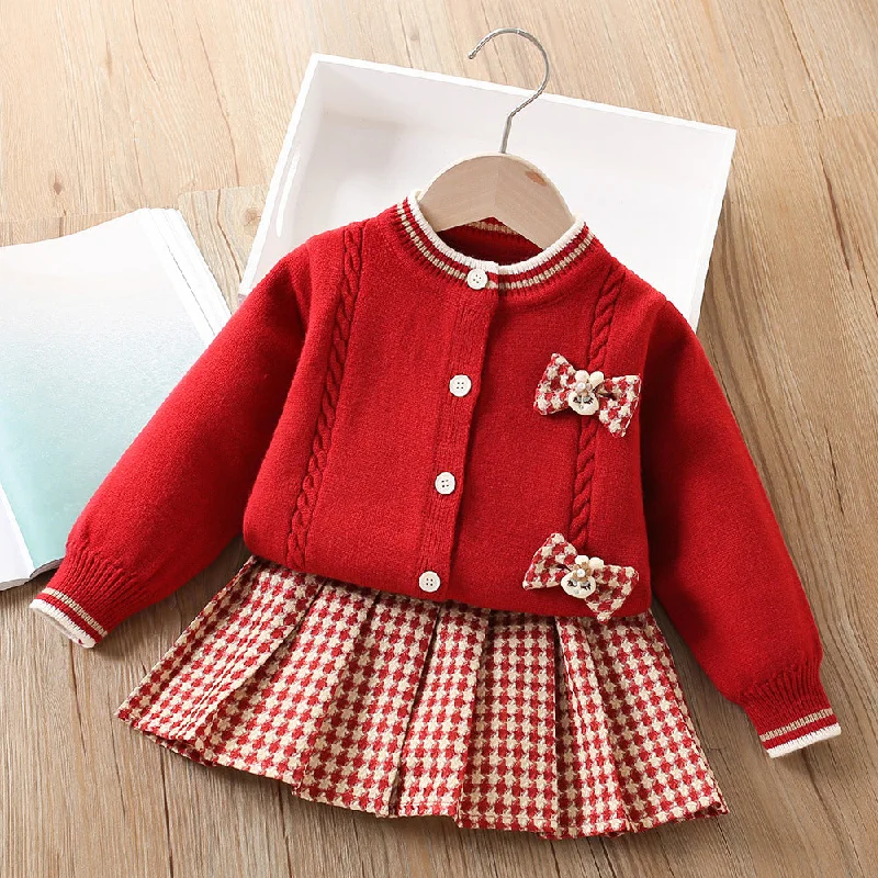 Girls Knitted Cardigan Plaid Skirt Sweater Two-piece Set Soft Cozy Warm