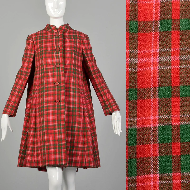 Medium Geoffrey Beene 1960s Red and Green Plaid Swing Coat Sequined Lace Ribbed