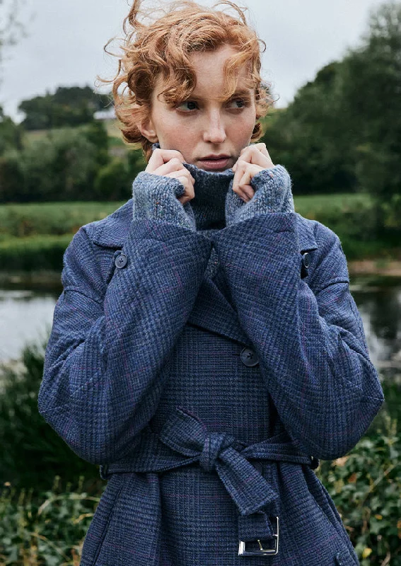 Navy Prince of Wales Check Faye Double Breasted Mac Coat Faux Fur Real Fur Shearling