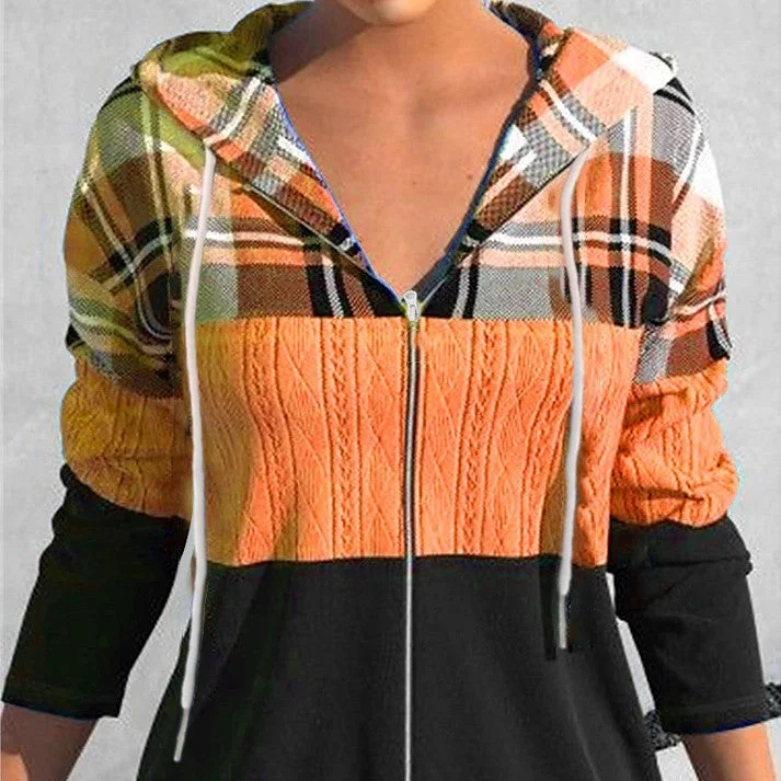 Women's Zipper Cardigan Hooded Plaid Printed Sweater Fitted Slim Tailored