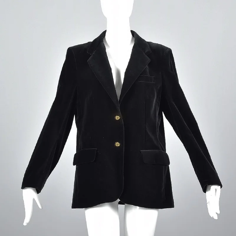 1980s Pierre Balmain Black Velvet Blazer with Logo Buttons Women's Fashion Blazer