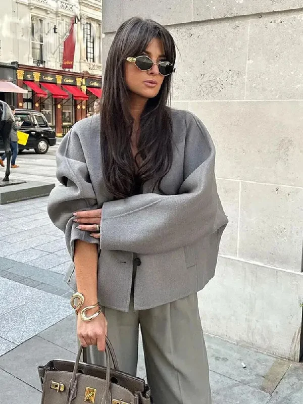 Autumn Women's Grey Cropped Woolen Coat Buttoned Toggled Snapped