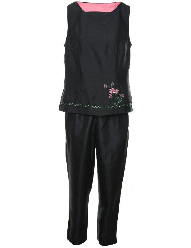 Embroidered Black Floral Top & Trouser Set - M Trousers Leather Faux