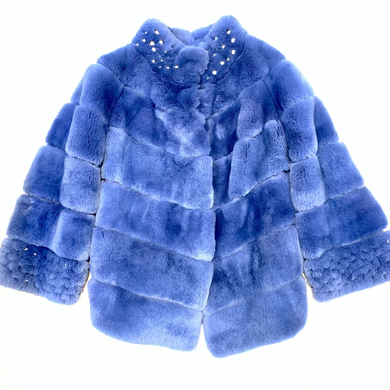 Barya NewYork Ladies Pearl Indigo Rex Rabbit Car Coat Lapel Coat Peter Pan Collar Coat Cowl Neck Coat Barya NewYork Ladies Pearl Indigo Rex Rabbit Car Coat Lapel Coat Peter Pan Collar Coat Cowl Neck Coat