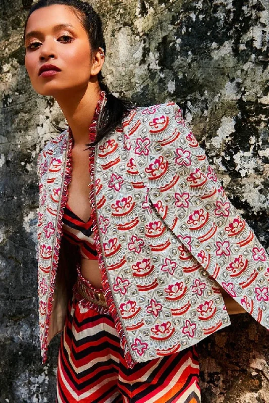 COLOR BLOCK GRAPHIC PRINT COORD SET TEAMED WITH IVORY EMBELLISHED NOOR JACKET Rayon Fabric Velvet Fabric Corduroy Fabric COLOR BLOCK GRAPHIC PRINT COORD SET TEAMED WITH IVORY EMBELLISHED NOOR JACKET Rayon Fabric Velvet Fabric Corduroy Fabric