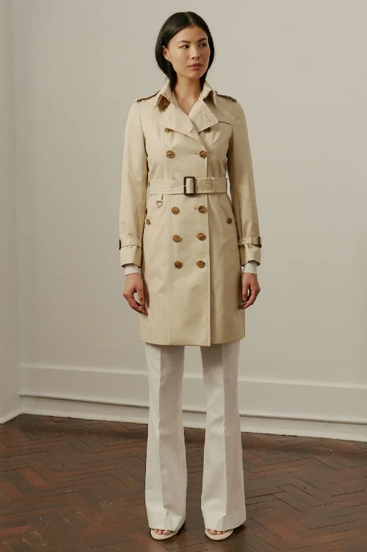 Abbey (Mid) Trench Coat - Sand Cotton Gabardine Buttoned Zippered Snapped