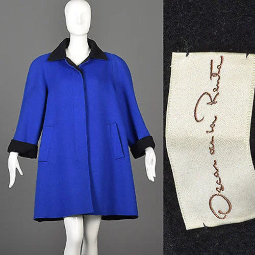 1980s Oscar de la Renta Royal Blue Swing Coat Buttoned Toggled Snapped